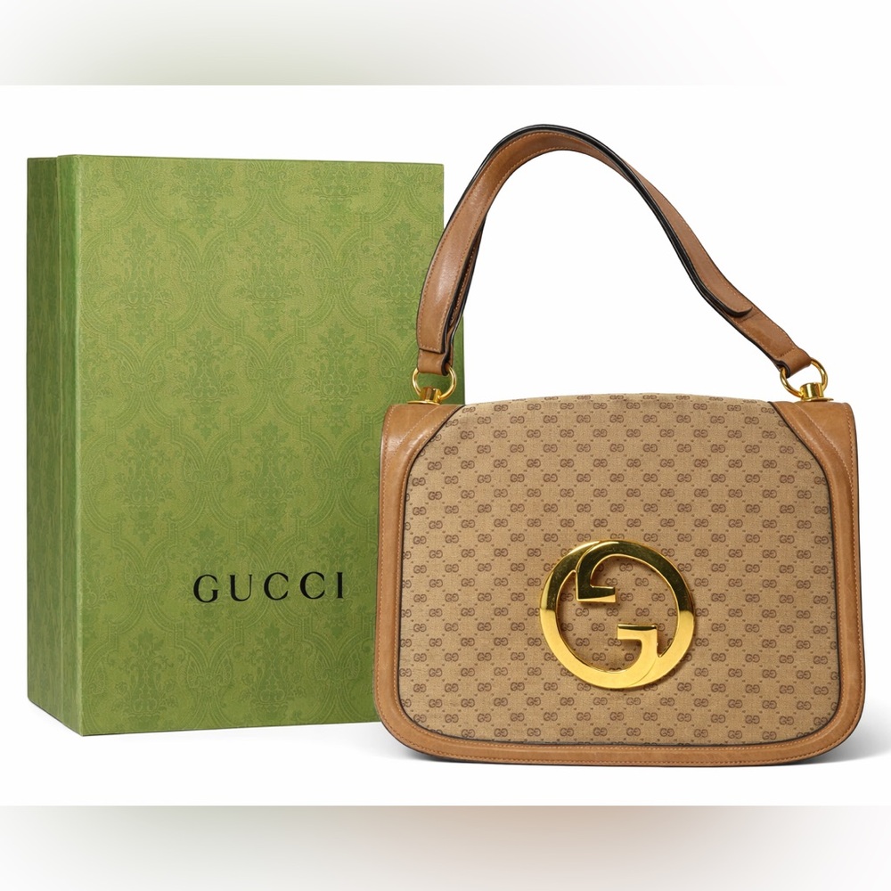 Vintage Gucci Blondie GG Canvas Shoulder Bag Tan Leather w/ Box Authentic